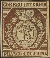 (*)22. 1853. 1 Cuarto Bronce. Amplios Márgenes Y Excelente Color. MAGNIFICO. Cert. GRAUS. - Otros & Sin Clasificación