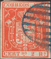 º25. 1854. 2 Reales Rojo. Matasello PARRILLA, En Azul. BONITO Y RARO. Cert. COMEX. Edifil 2014: 325 Euros - Other & Unclassified