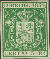 (*)26. 1854. 5 Reales Verde. Enormes Márgenes Y Color Intenso. PIEZA DE LUJO. Cert. GRAUS. - Autres & Non Classés