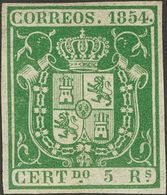 (*)26. 1854. 5 Reales Verde. Enormes Márgenes Y Color Intenso. PIEZA DE LUJO. Cert. GRAUS. - Andere & Zonder Classificatie