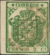 º32. 1854. 2 Cuartos Verde, Borde De Hoja. Color Muy Intenso. PIEZA DE LUJO. Cert. CEM. - Altri & Non Classificati