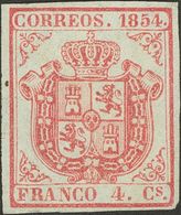 (*)33A. 1854. 4 Cuartos Carmín. PAPEL AZULADO. MAGNIFICO Y MUY RARO EN NUEVO CON ESTA TONALIDAD. Cert. COMEX. Edifil 202 - Other & Unclassified