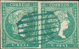 º45(2). 1856. 1 Real Azul, Pareja. Matasello PARRILLA, En Azul. MAGNIFICA Y RARA. Edifil 2014: 660 Euros - Otros & Sin Clasificación