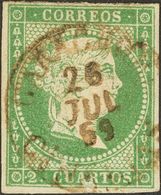 º47. 1855. 2 Cuartos Verde. Matasello GARACHICO / CANARIAS, En Tinta De Escribir, Reforzado A Mano En Origen A Plumilla, - Andere & Zonder Classificatie