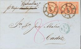 Sobre 48(3). 1859. 4 Cuartos Rojo, Tira De Tres. Por Vapor Gibraltar De GIBRALTAR A CADIZ. MAGNIFICA Y RARISIMA TASADA C - Otros & Sin Clasificación