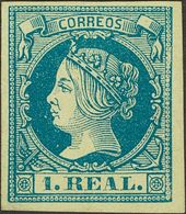 (*)55. 1860. 1 Real Azul. Color Intenso Y Amplios Márgenes. MAGNIFICO. Cert. CEM. Edifil 2020: 370 Euros - Altri & Non Classificati