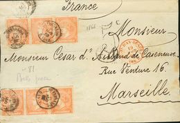 Sobre 82(10). 1866. 12 Cuartos Naranja, Seis Sellos. Frontal (reparado) De SAN FERNANDO (CADIZ) A MARSELLA (FRANCIA). MA - Sonstige & Ohne Zuordnung