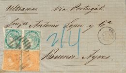 Sobre 89A(2), 100(2). 1869. 12 Cuartos Naranja, Dos Sellos Y 200 Mils Verde, Pareja. LA CORUÑA A BUENOS AIRES (ARGENTINA - Otros & Sin Clasificación