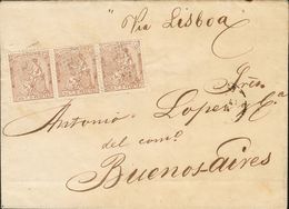 Sobre 133(2), 135(3), 141. 1874. 25 Cts Castaño, Tira De Tres Y Al Dorso Dos Sellos De 10 Cts Verde Y Uno De 5 Cts Negro - Autres & Non Classés