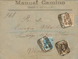 Sobre 219, 221, 240. 1898. 15 Cts Castaño, 25 Cts Azul Y 5 Cts Negro De Impuesto De Guerra. Certificado De SEVILLA A MAD - Sonstige & Ohne Zuordnung