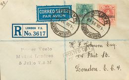 Sobre 292, 296. 1930. 5 Cts Verde Y 1 Pts Carmín. Correo Aéreo Certificado De MADRID A LONDRES (GRAN BRETAÑA). En El Fre - Autres & Non Classés