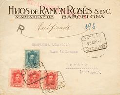 Sobre 315, 317. 1926. 15 Cts Azul Gris Y 25 Cts Carmín, Tres Sellos. Certificado De BADALONA A OPORTO (PORTUGAL). Al Dor - Autres & Non Classés