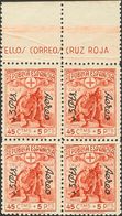 **768(4). 1938. + 3 Pts Sobre 45 Cts + 5 Pts Rojo, Bloque De Cuatro, Borde De Hoja Superior. MAGNIFICO. Edifil 2020: +80 - Autres & Non Classés