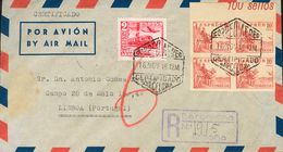 Sobre 917s(4), 1039. 1948. 10 Cts Rosa SIN DENTAR, Bloque De Cuatro Y 2 Pts Rojo. Certificado De BARCELONA A LISBOA (POR - Autres & Non Classés