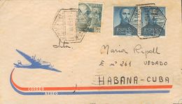 Sobre 1118(2), 1053. 1952. 2 Pts Azul, Dos Sellos Y 50 Cts Gris (tonalizado). VALENCIA A LA HABANA (CUBA). Al Dorso Lleg - Autres & Non Classés