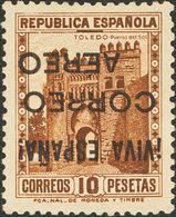 *80hi. 1937. 10 Pts Castaño. Variedad SOBRECARGA INVERTIDA. MAGNIFICA. Edifil 2017: 100 Euros - Emisiones Nacionalistas