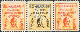 **46T. 1937. 60 Cts Amarillo, Tira De Tres Con Sobrecargas En Rojo, Negro Y Rojo. MAGNIFICA. - Nationalistische Uitgaves