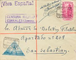 Sobre 20, 21. 1939. 5 Cts Azul Y 5 Cts Rosa Lila. Certificado De CORRALES (ZAMORA) A SAN SEBASTIAN. En El Frente Manuscr - Bienfaisance