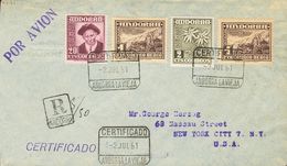 Sobre 45, 48. 1951. 1 Pts Violeta, Dos Sellos, 2 Cts Oliva Y 20 Cts Lila. Certificado De ANDORRA LA VIEJA A NUEVA YORK ( - Otros & Sin Clasificación