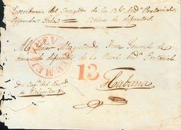 Sobre . 1844. PALMILLAS A LA HABANA (habituales Erosiones). Marca NUEVA BERMEJA, En Rojo (P.E.1) Edición 2004, Citada Po - Autres & Non Classés