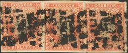 º5(3). 1855. Y¼ Real Sobre 2 Reales Rojo Naranja, Tira De Tres. Sobrecarga Eliminada En Su época Para Defraudar Al Corre - Kuba (1874-1898)