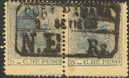 º100F(2). 1883. 5 Cts Azul Gris, Pareja FALSO POSTAL. MAGNIFICA Y ESPECTACULAR MATASELLO. - Cuba (1874-1898)