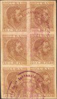 º102F(6). 1883. 10 Ctvos Castaño, Bloque De Seis (sin Dentar). FALSO POSTAL. MAGNIFICO Y RARO. Cert. ECHENAGUSIA. - Cuba (1874-1898)