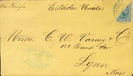 Sobre 103f. 1888. 10 Cts Azul BISECTADO. LA HABANA A LYNN (U.S.A.). Matasello CORREOS / HABANA, En Azul Y Al Dorso Tráns - Cuba (1874-1898)