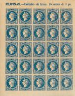 **/*. 1864. Interesante Conjunto De Cinco Pliegos Completos De 5 Pesos Azul De DERECHO DE FIRMA, Tres De Ellos Sobrecarg - Philippines