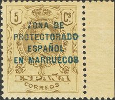 **59ec. 1916. 5 Cts Castaño, Borde De Hoja. CAMBIO DE COLOR EN LA SOBRECARGA, En Azul. MAGNIFICO Y RARO. Cert. CEM. Edif - Other & Unclassified