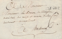 LAC MARQUES POSTALES 18ème Siècle  - LAC - N°6 - BELFORT - S/pli De Belfort Pour Strasbourg - 2/1/1788 - Taxé à 6 Sols - - 1801-1848: Précurseurs XIX