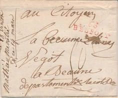 LAC MARQUES POSTALES 18ème Siècle - LAC - 66 BELFORT (Rouge) - Pli De Belfort Pour Beaune - 8/7/1796 - Taxé à 5 Déc - TB - 1801-1848: Précurseurs XIX