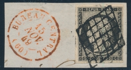 O EMISSION CERES 1849 - O - N°3 S/fragment - Marge, Grille + Càd Rouge "Bureau Central 15 Nov. 49" S/fragment - TB - 1849-1850 Cérès