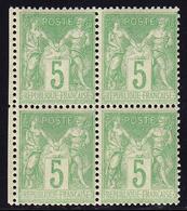 ** TYPE SAGE - ** - N°102 - 5c Vert Jaune - Bloc De 4 - Petit Bdf - TB - 1876-1878 Sage (Type I)