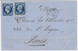 LSC Emission Napoléon Non Dentelé Sur Lettre - LSC - N°14Ab - Bleu-noir (x2) - PC 441 + T15 Bordeaux 6 Sept 56 - TB - 1849-1876: Periodo Clásico