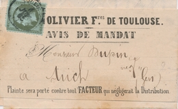 BJ Emission Napoléon  Dentelé Sur Lettre - BJ - N°19 (1coin Défx) - Obl. TOULOUSE - Juil.65 - S/ B.J Pour AUCH - B/TB - 1849-1876: Période Classique