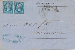 L Emission Napoléon Dentelé Sur Lettre - L - N°22 - 20c Bleu - Pair Horiz. - Obl Francia / Via De Maré S/lsc Pour Livour - 1849-1876: Classic Period