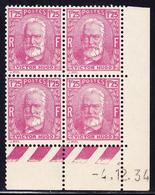 ** COINS DATES (BLOCS DE 4) - ** - N°293 - VICTOR HUGO - 4/12/34 - TB - ....-1929