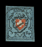 O SUISSE - O - N°14a - Bleu Clair, Noir Et Rouge - TB - 1843-1852 Correos Federales Y Cantonales