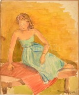 Frank Jelzéssel: Hölgy A Padon. Akvarell, Papír, 39×32 Cm - Other & Unclassified