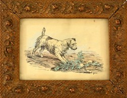 Ljubik Jelzéssel: Figyelő Terrier Karton,tus-akvarell,papír,üvegezett Hibás Keretben, 11x16,5 Cm - Other & Unclassified