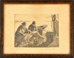 Pataky Béla (1932- ): Halászok. Rézkarc, Papír, Jelzett, üvegezett Keretben,14,5×19,5  Cm - Other & Unclassified
