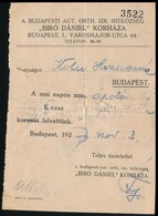 1927. Budapest Ortodox Izraelita Hitközség 'Bíró Dániel' Kórháza ápolási Díj Igazolása - Other & Unclassified