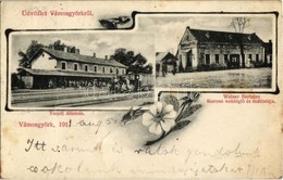 T2/T3 1911 Vámosgyörk, Vasútállomás, Weiner Bertalan Korona Vendéglő és Szállodája és Saját Kiadása. Floral (gyűrődés /  - Unclassified
