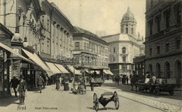 T2 1912 Arad, Atzél Péter Utca, Lovas Szekerek, Lóvasút, Szálloda A Fehér Kereszthez, üzletek / Street, Hotel, Horse Car - Unclassified