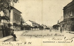 T2/T3 1905 Nagykároly, Carei; Széchenyi Utca, Római Katolikus Nemzeti Népiskola, Spitz Mór üzlete / Street, School, Shop - Unclassified