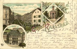 T2 1894 Karlovy Vary, Karlsbad; Parkstrasse, Theater, Franz Joseph's Höhe / Promenade, Theatre, Observation Tower, Art N - Ohne Zuordnung