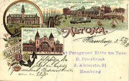 T3 1898 Altona (Hamburg), Post, Fischereihafen Und Auctionshalle, Neuer Bahnhof / Post Office, Fishing Port, Auction Hal - Ohne Zuordnung