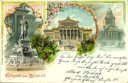 T2 1898 Berlin, Franz. Dom, Schiller Denkmal, Königl. Schauspielhaus / Cathedral, Monument, Theatre. Kunstanstalt Paul F - Unclassified