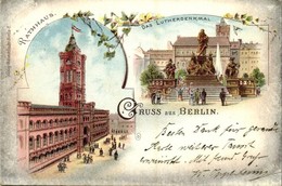 T2 1898 Berlin, Rathaus, Das Lutherdenkmal. Verlag G. Hendelsohn / Town Hall, Luther Monument. Art Nouveau, Floral, Lith - Sin Clasificación